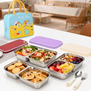 FVNANL 3 Pack Stainless Steel Snack Containers Grab and Go Reusable Snack Containers with Lids, 2 Compartment Leakproof Metal Food Storage Box for Travel, Lunch, Outdoor, Camping, School