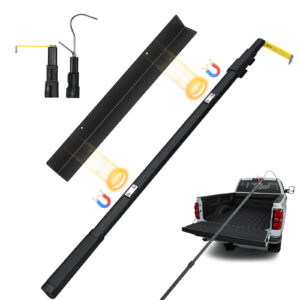 magnetically mounted 6.9 ft truck cargo grabber reach retriever tool upgraded extendable pickup truck bed accessories, multi use telescoping truck bed reach tool with two hooks